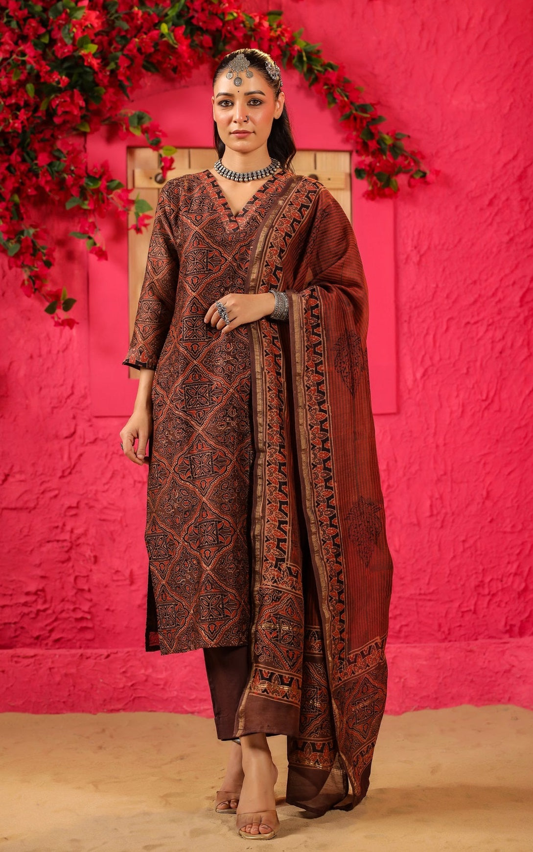 Traditional Rust Brown Kurta Set with Block Prints
