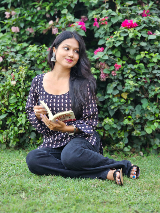 Black Handblock Cotton Short Kurti for Women