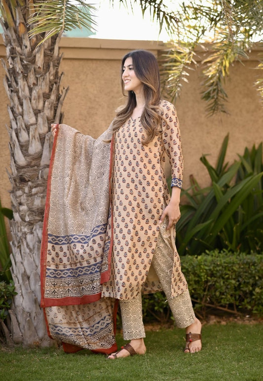 Classic Beige Floral Suit with Printed Dupatta
