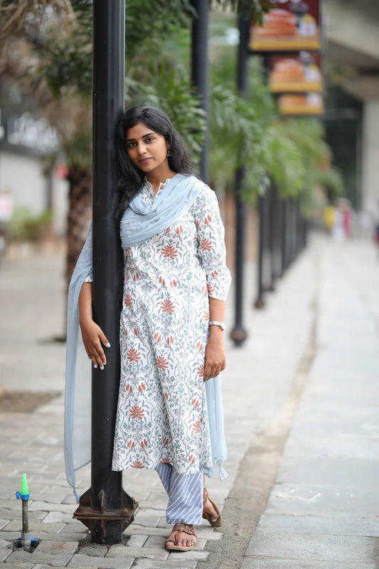 Graceful White & Blue Floral Printed Kurta Set