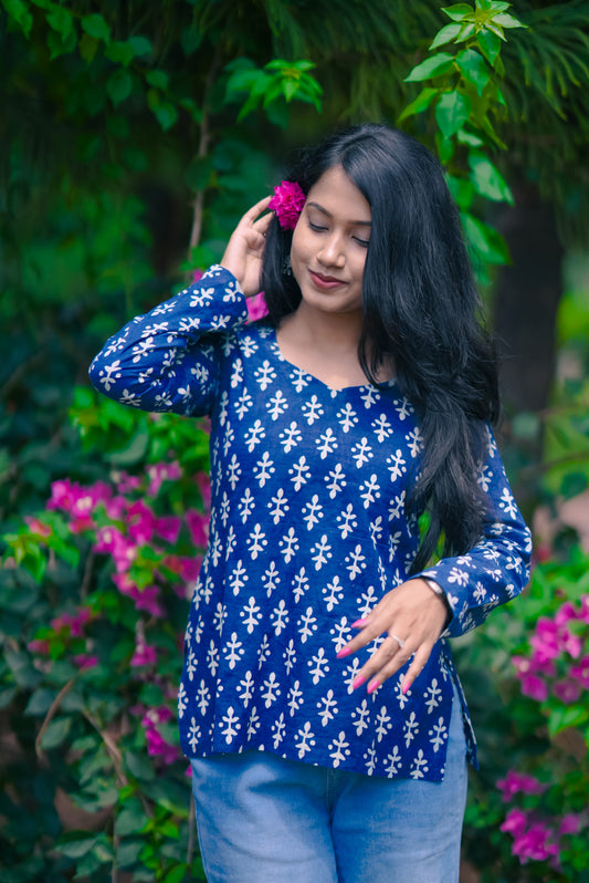 Indigo Blue Handblock Cotton Short Kurti for Women