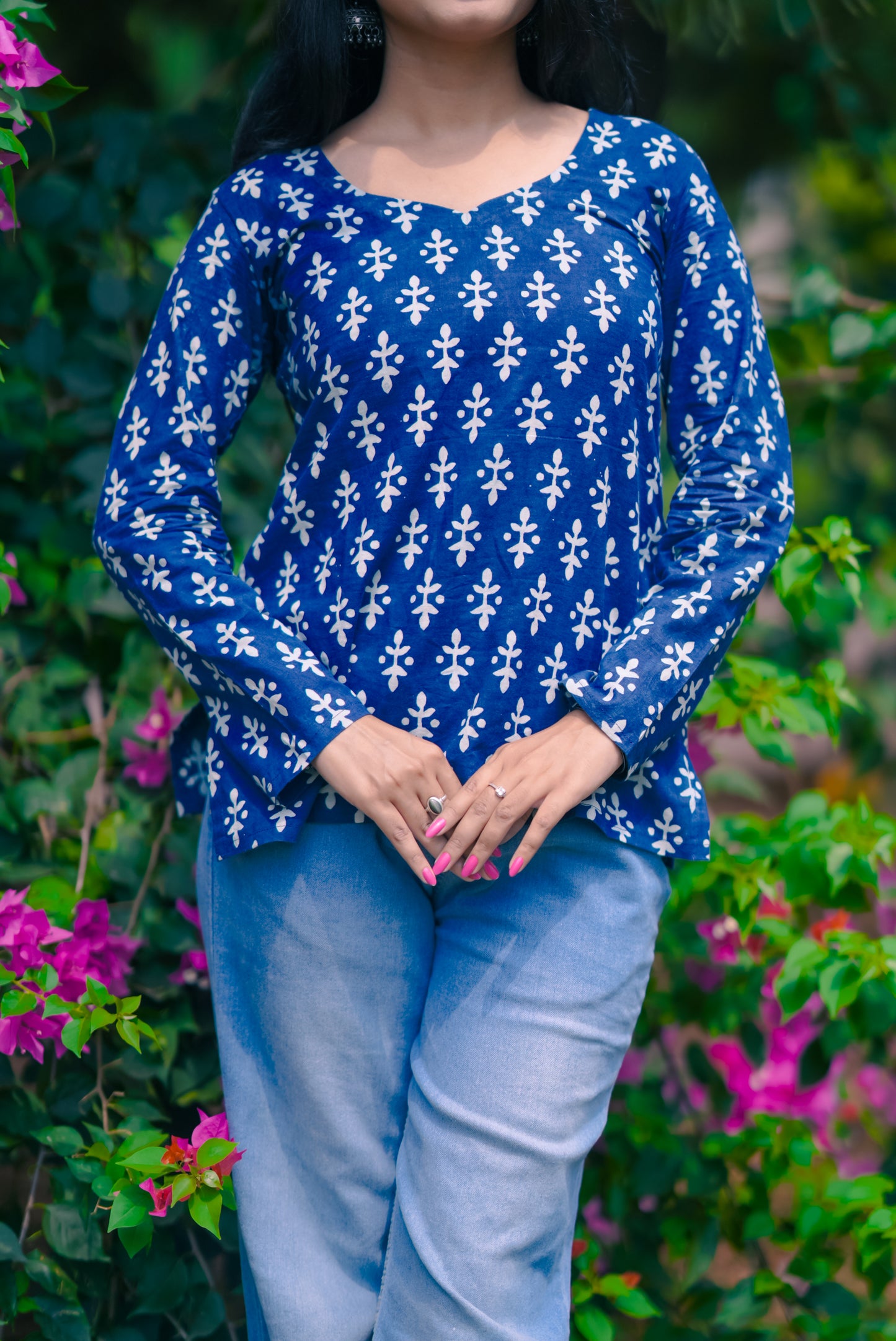 Indigo Blue Handblock Cotton Short Kurti for Women