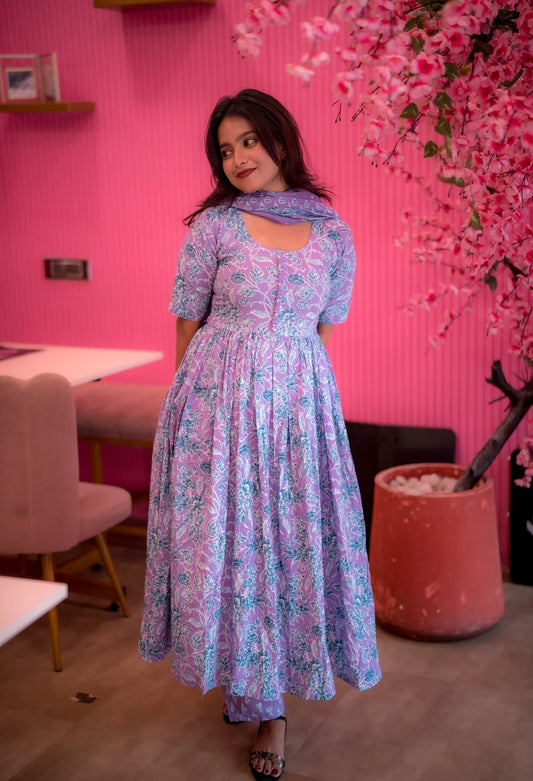 Lavender Floral Printed Anarkali Kurta with Dupatta