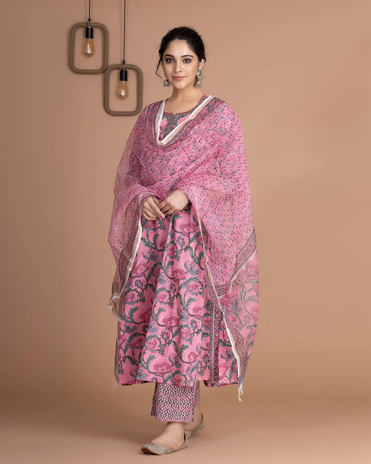 Elegant Pink Floral Three-Piece Traditional Outfit