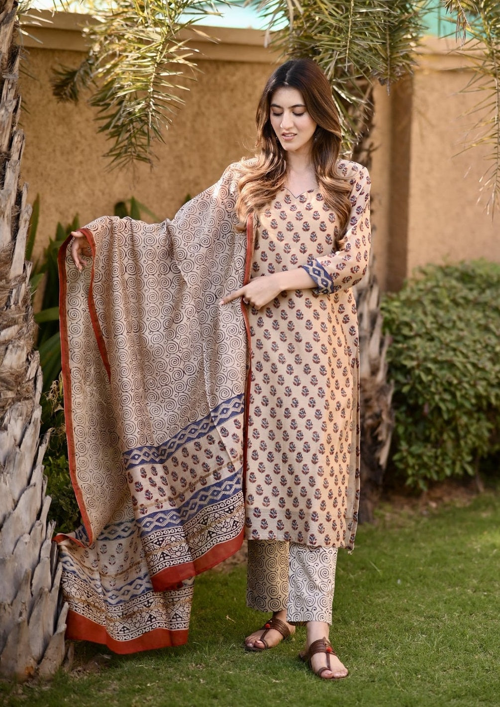Classic Beige Floral Suit with Printed Dupatta