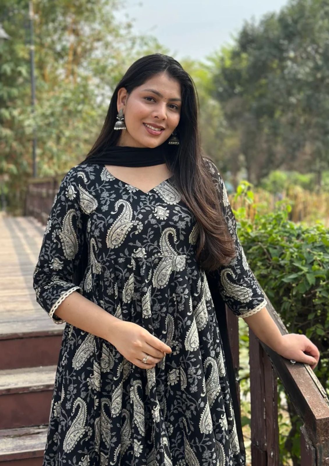 Black & White Paisley Print Anarkali Kurta with Dupatta
