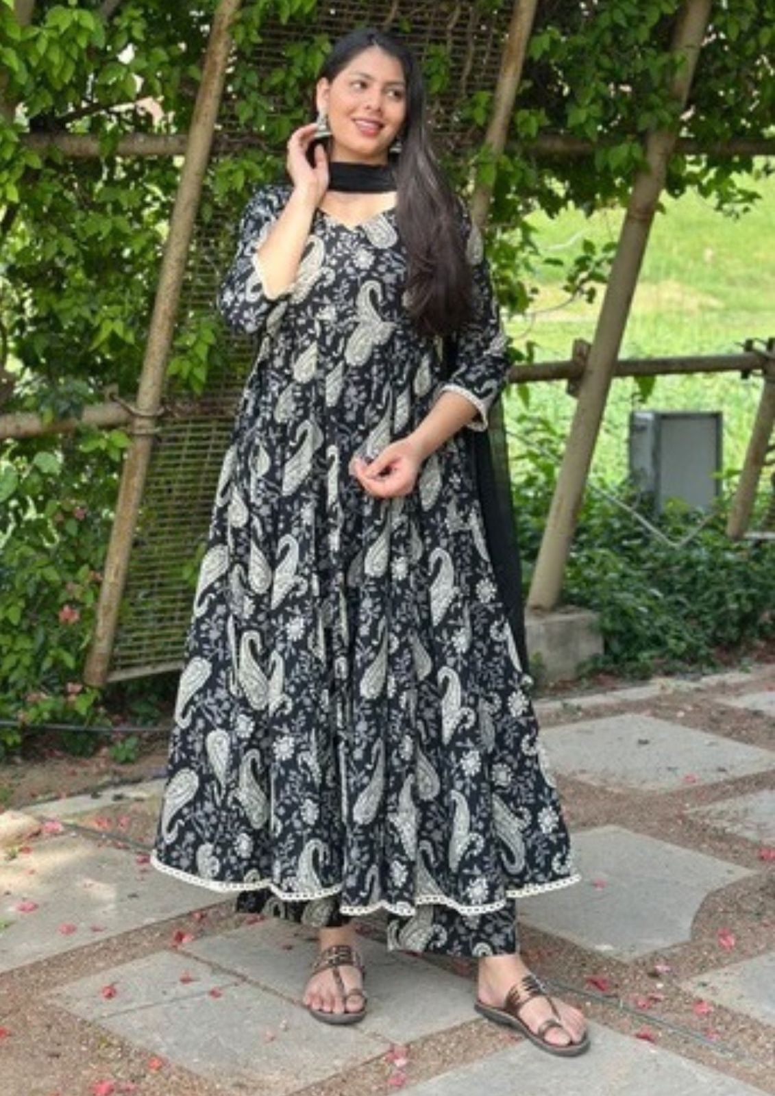 Black & White Paisley Print Anarkali Kurta with Dupatta