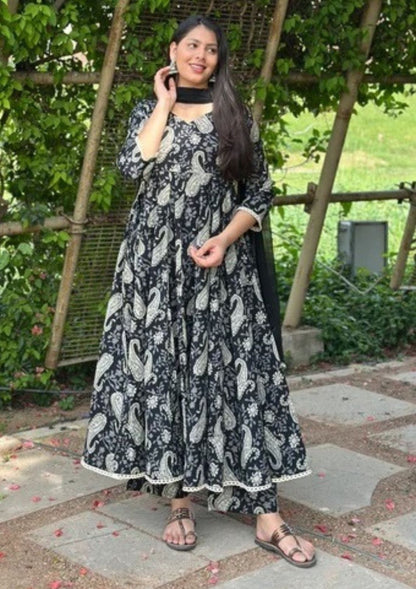 Black & White Paisley Print Anarkali Kurta with Dupatta
