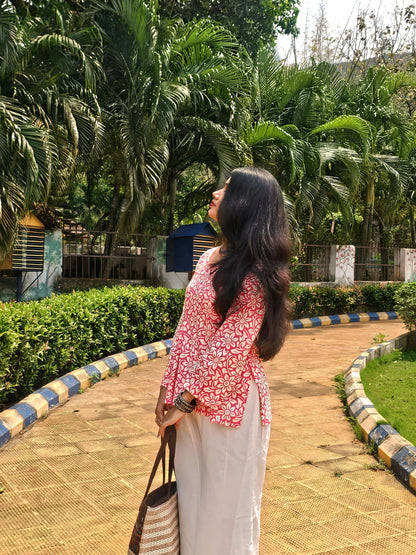 Pink Handblock Cotton Short Kurti for Women