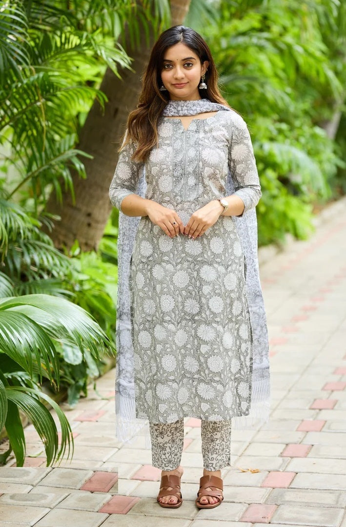 Grey Floral Printed Kurta Set with Dupatta