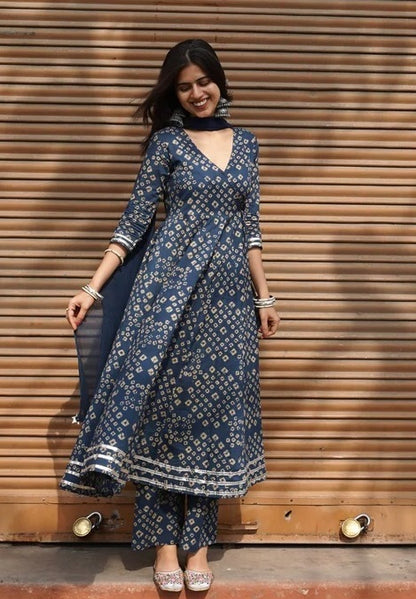 Blue Bhandej Anarkali Suit Set