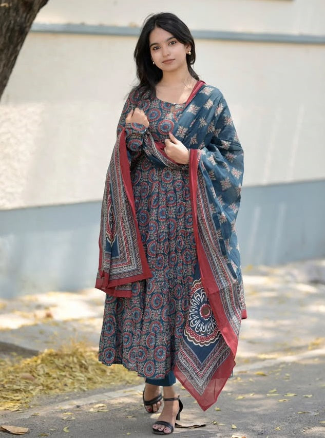 Elegant Navy Blue & Maroon Printed Anarkali Set