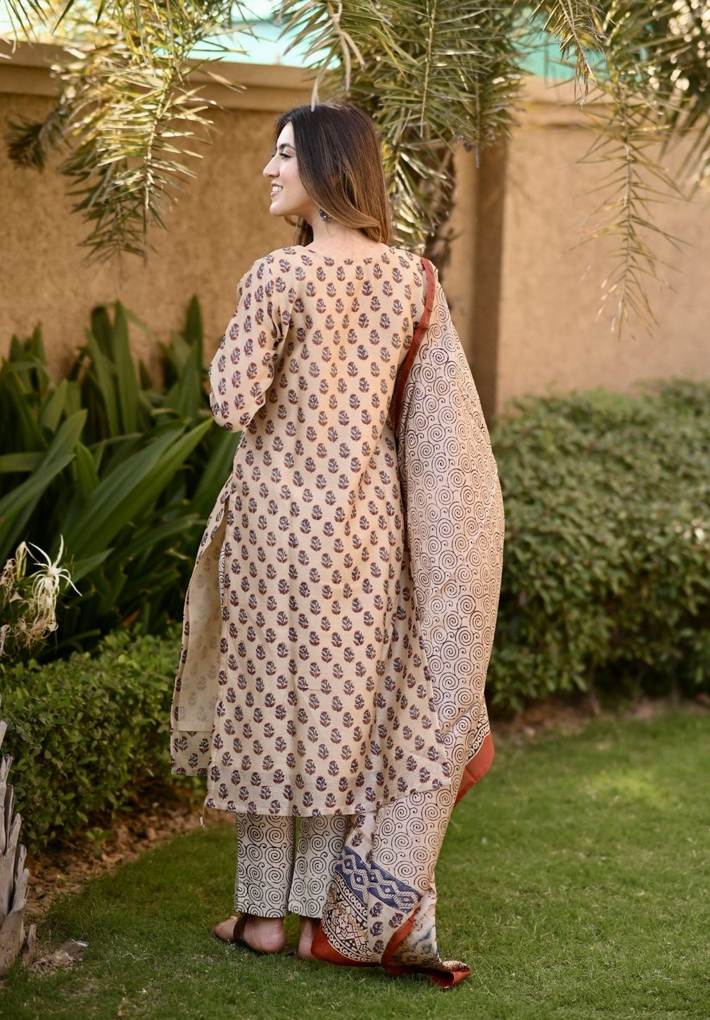 Classic Beige Floral Suit with Printed Dupatta