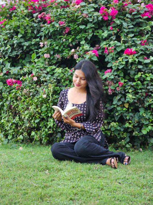 Black Handblock Cotton Short Kurti for Women
