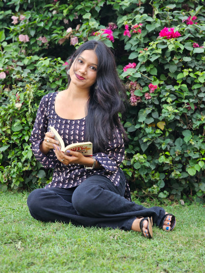 Black Handblock Cotton Short Kurti for Women
