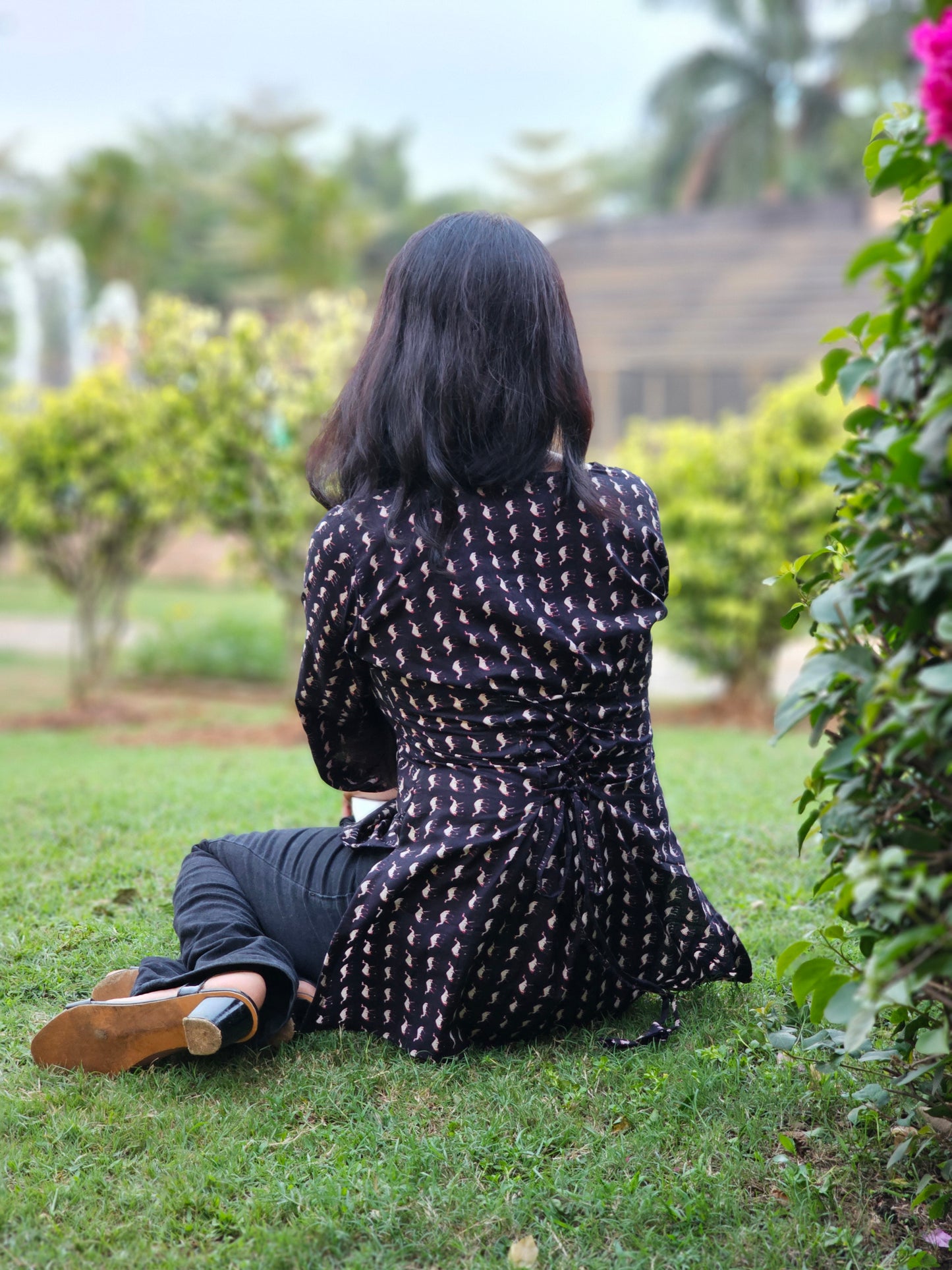 Black Handblock Cotton Short Kurti for Women