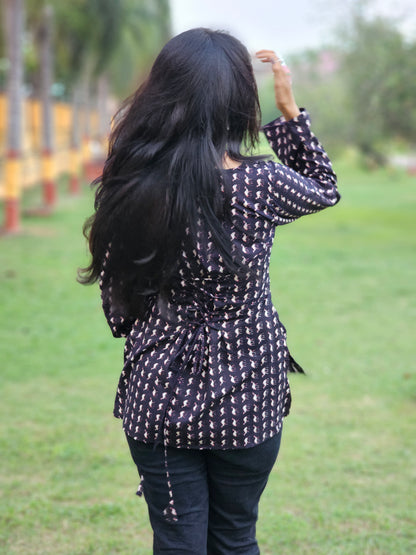 Black Handblock Cotton Short Kurti for Women