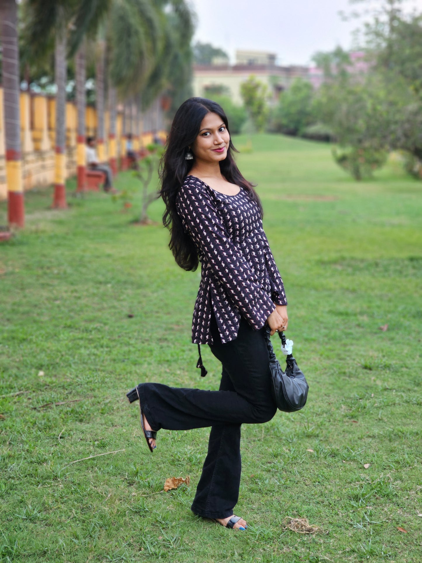 Black Handblock Cotton Short Kurti for Women