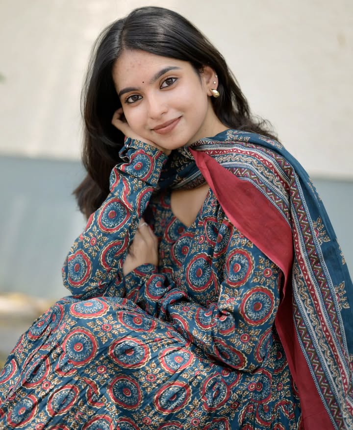 Elegant Navy Blue & Maroon Printed Anarkali Set
