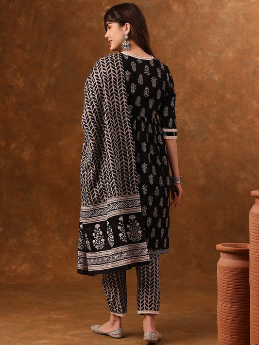 Elegant Black Printed Kurta Set with Dupatta