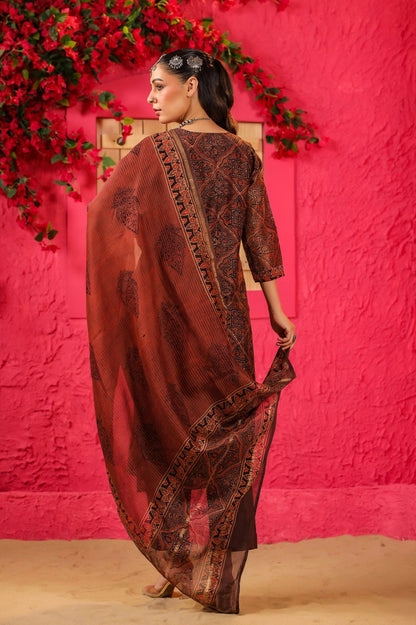 Traditional Rust Brown Kurta Set with Block Prints