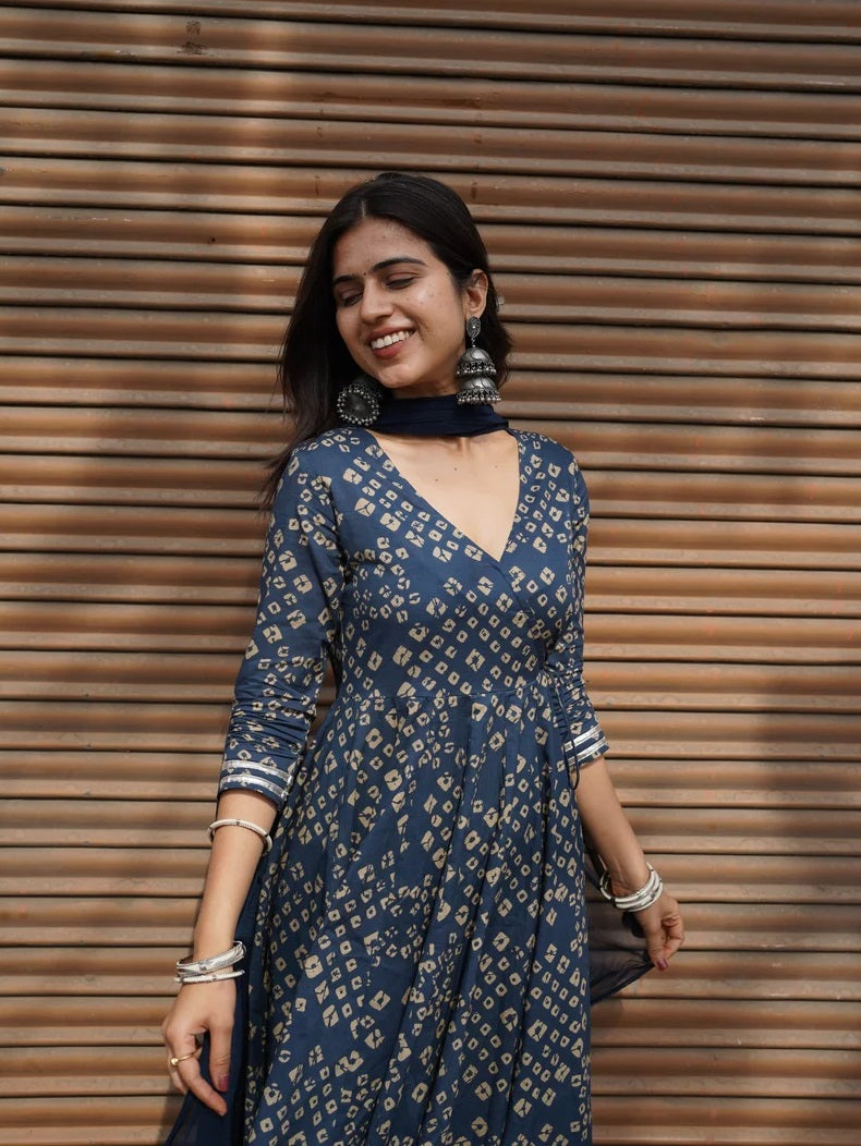 Blue Bhandej Anarkali Suit Set