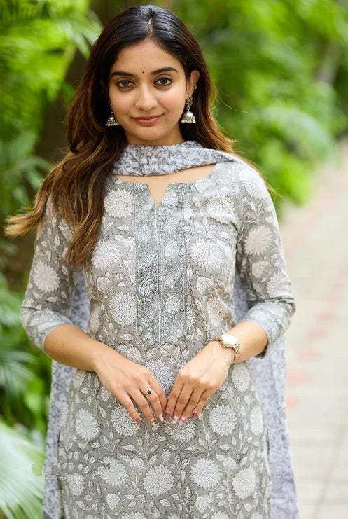 Grey Floral Printed Kurta Set with Dupatta