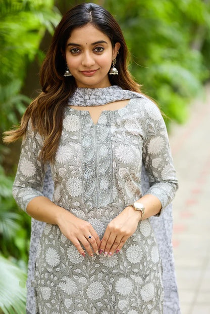 Grey Floral Printed Kurta Set with Dupatta