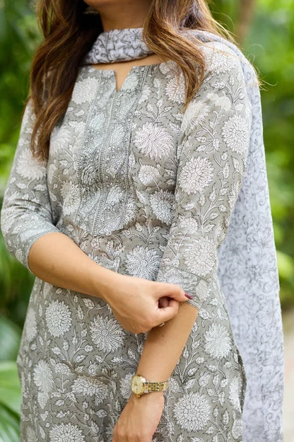Grey Floral Printed Kurta Set with Dupatta