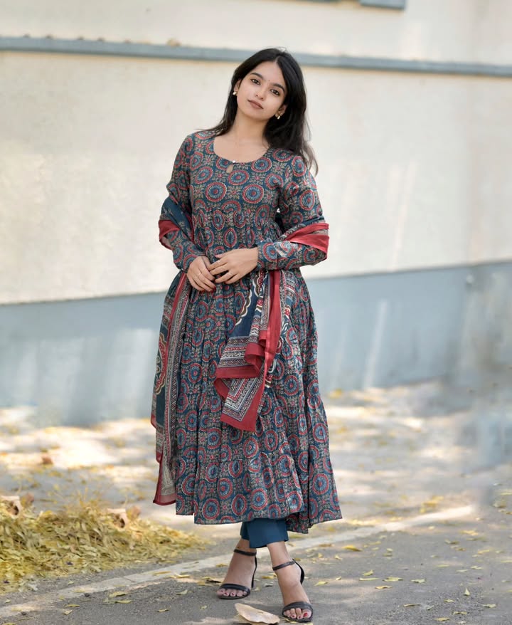 Elegant Navy Blue & Maroon Printed Anarkali Set