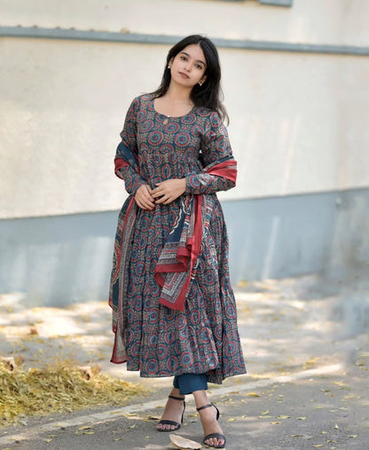Elegant Navy Blue & Maroon Printed Anarkali Set