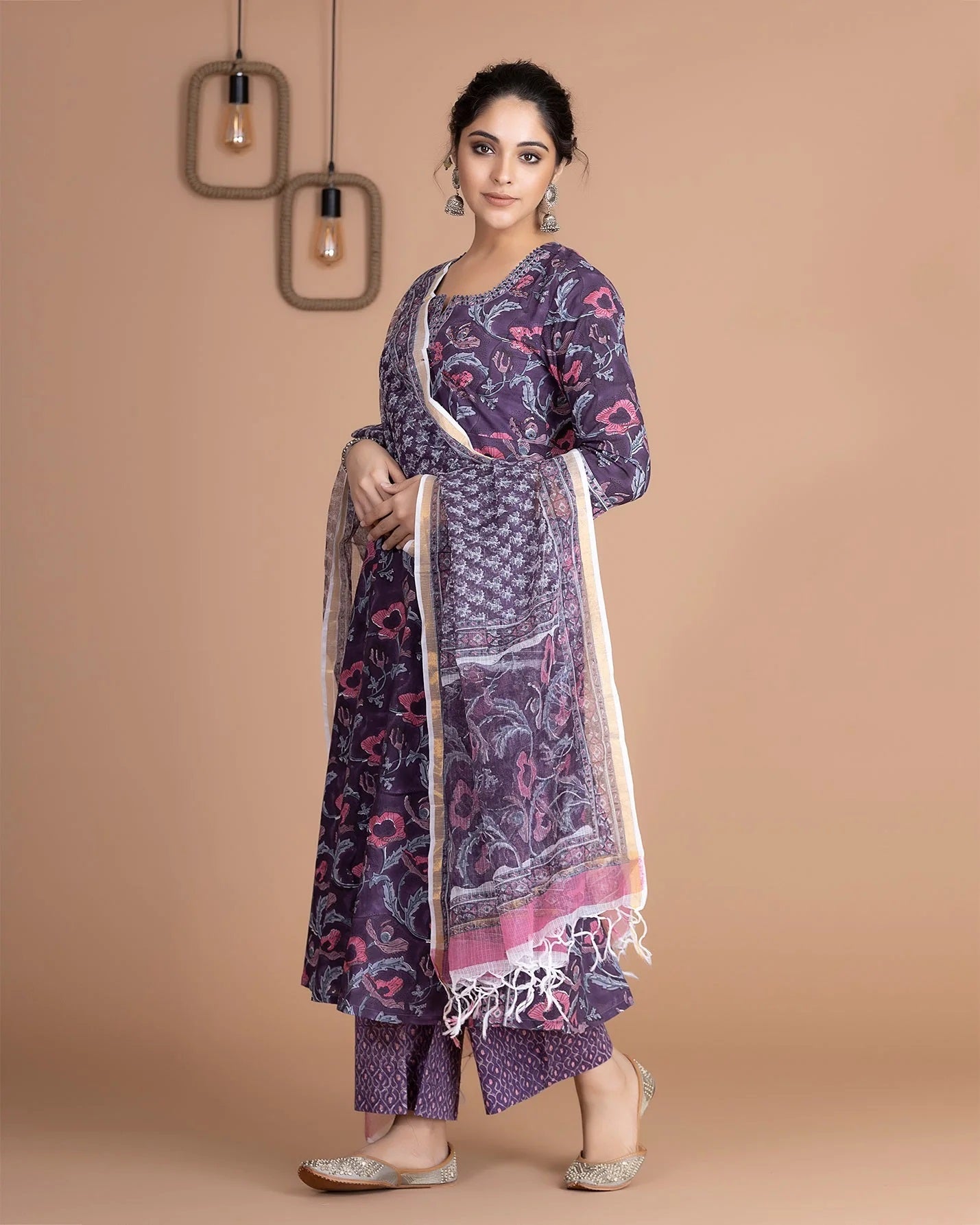 Elegant Purple Floral Salwar Kameez with Sheer Dupatta