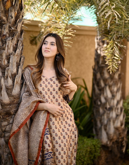 Classic Beige Floral Suit with Printed Dupatta