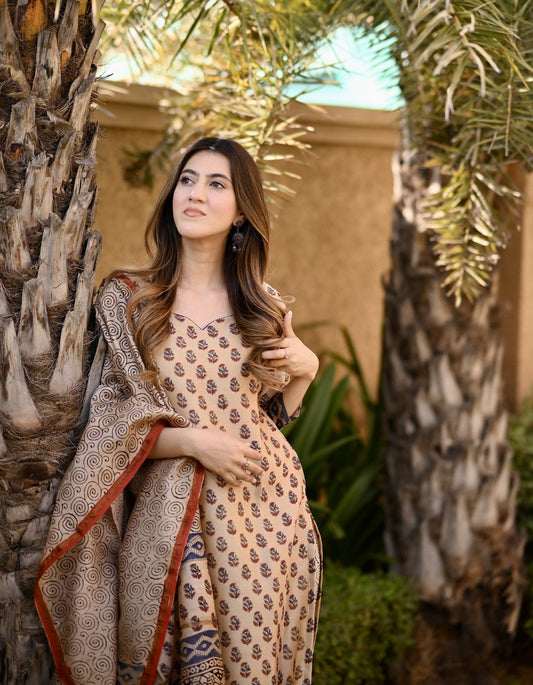 Classic Beige Floral Suit with Printed Dupatta