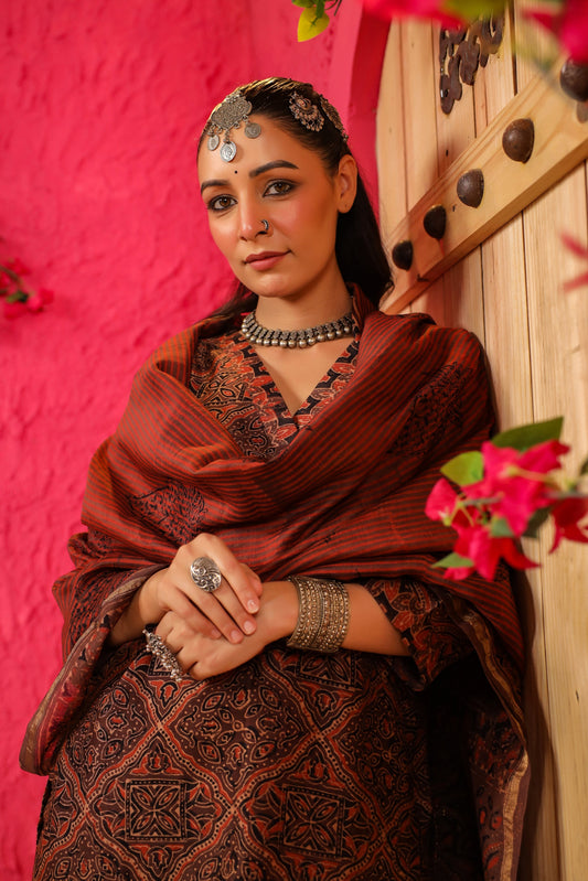 Traditional Rust Brown Kurta Set with Block Prints
