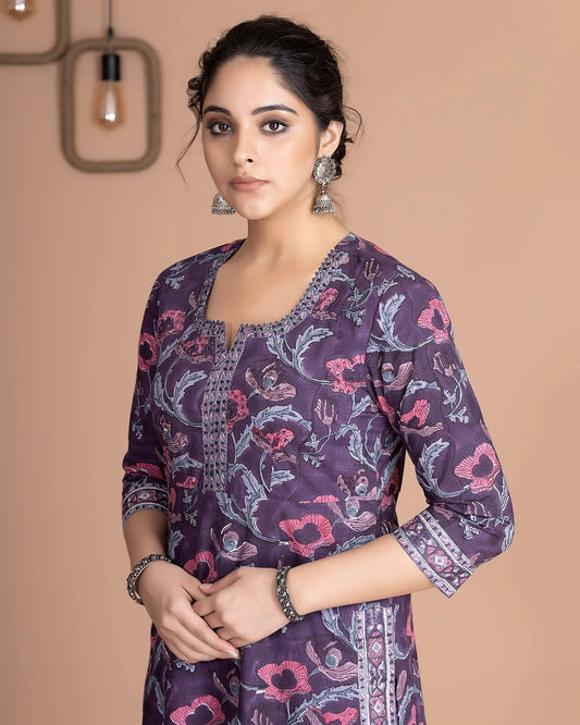 Elegant Purple Floral Salwar Kameez with Sheer Dupatta