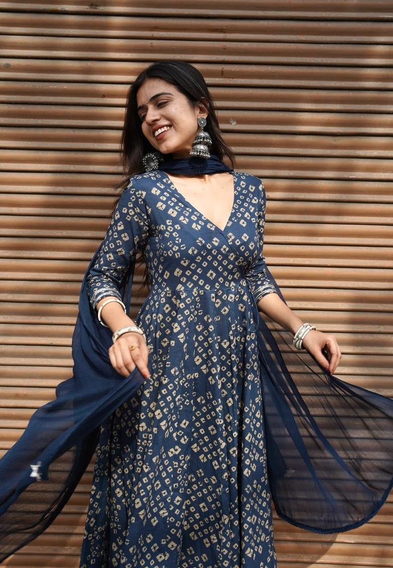 Blue Bhandej Anarkali Suit Set