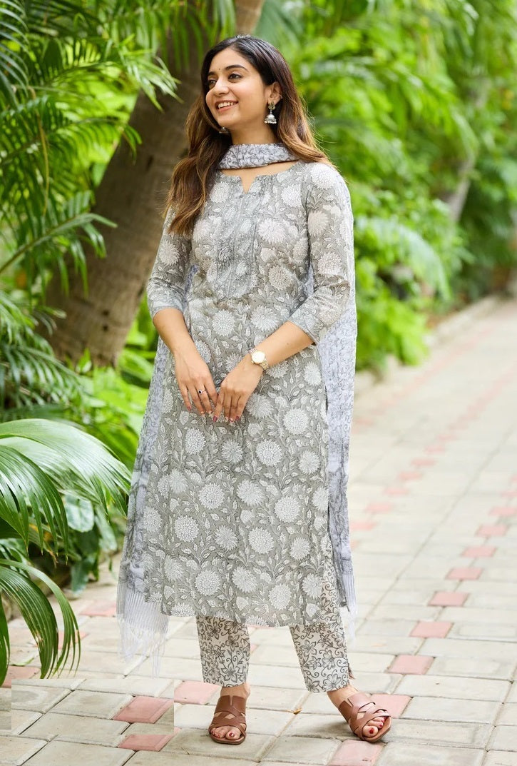 Grey Floral Printed Kurta Set with Dupatta
