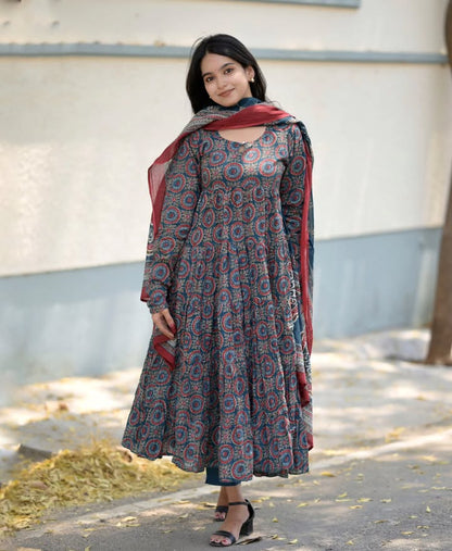 Elegant Navy Blue & Maroon Printed Anarkali Set