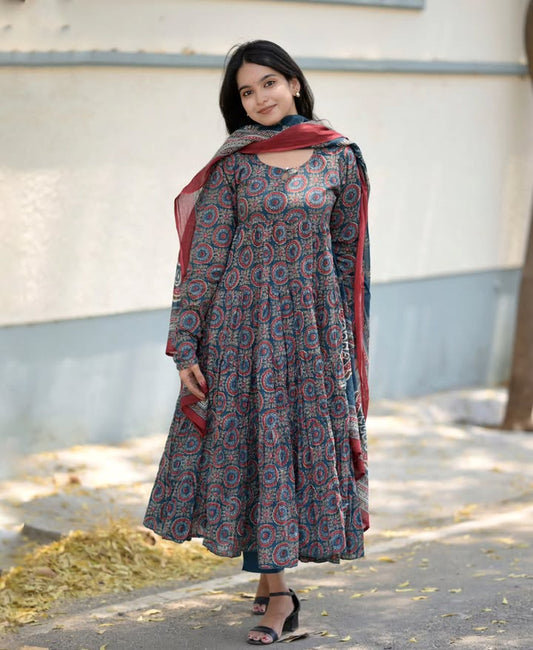 Elegant Navy Blue & Maroon Printed Anarkali Set