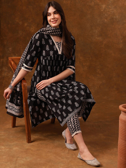 Elegant Black Printed Kurta Set with Dupatta