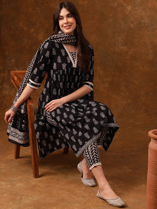 Elegant Black Printed Kurta Set with Dupatta