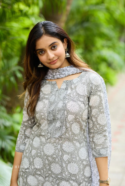 Grey Floral Printed Kurta Set with Dupatta