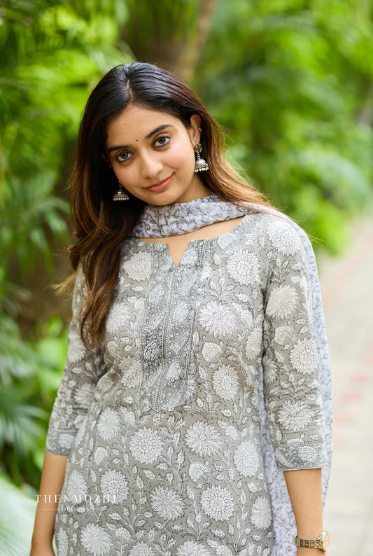 Grey Floral Printed Kurta Set with Dupatta