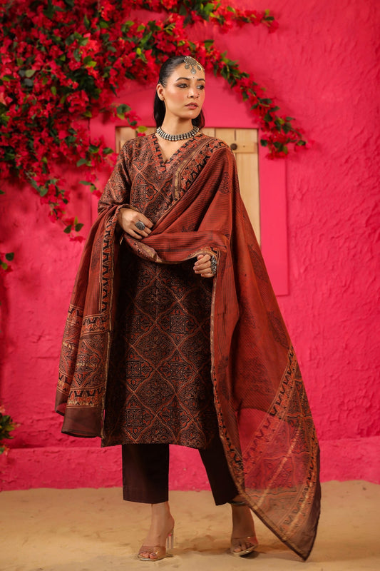Traditional Rust Brown Kurta Set with Block Prints