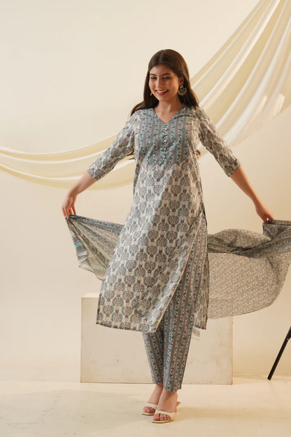 Classic V-Neck Kurta Set with Dupatta