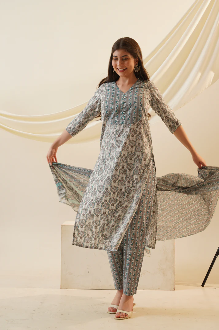 Classic V-Neck Kurta Set with Dupatta