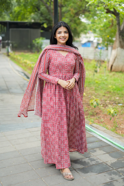 Elegant Red Block Print Anarkali Dress