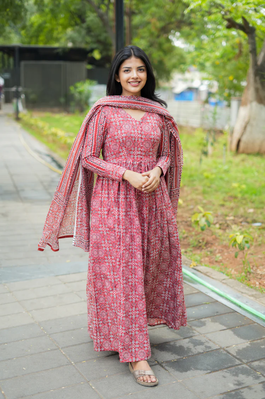 Elegant Red Block Print Anarkali Dress