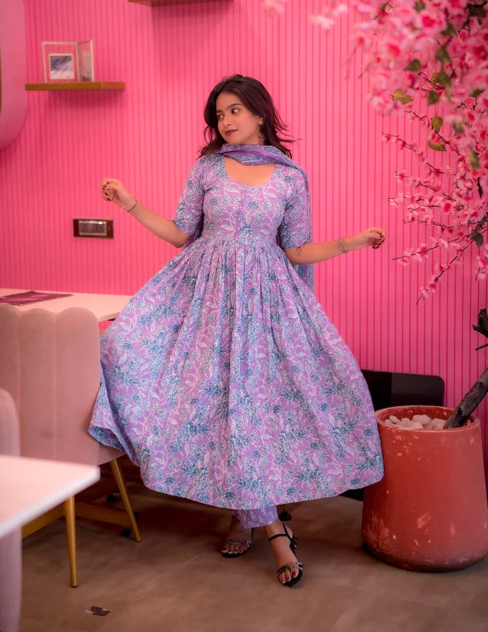 Lavender Floral Printed Anarkali Kurta with Dupatta